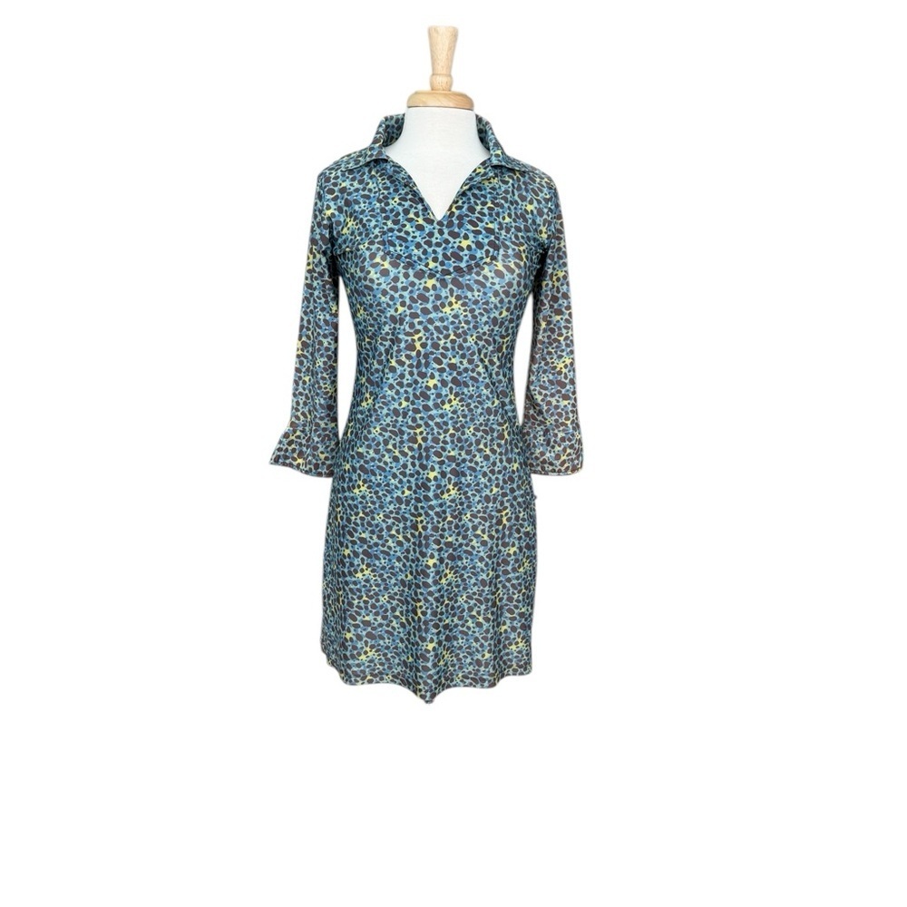 Chelsea & Gunn Elegant Blue & Green Neon 3/4 Sleeves Dress Size Xsmall